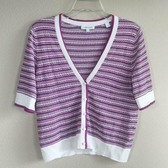 Veronica Beard Size Medium Purple Striped Women's V-neck Cardigan - Picture 2 of 10